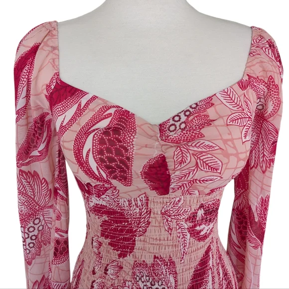 Guess Pink Floral Mini Dress XS Stretchy Open Neck Blouson Sleeves Y2K Prom - Picture 3 of 11